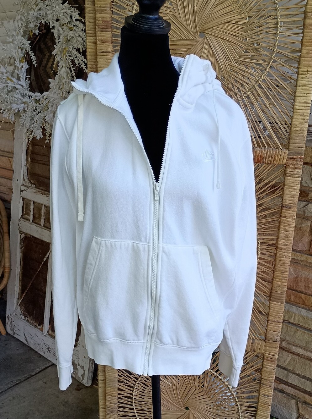 NWOT Nike White 100% Cotton Full-Zip Hoodie with Hood and Kangaroo Pockets_S